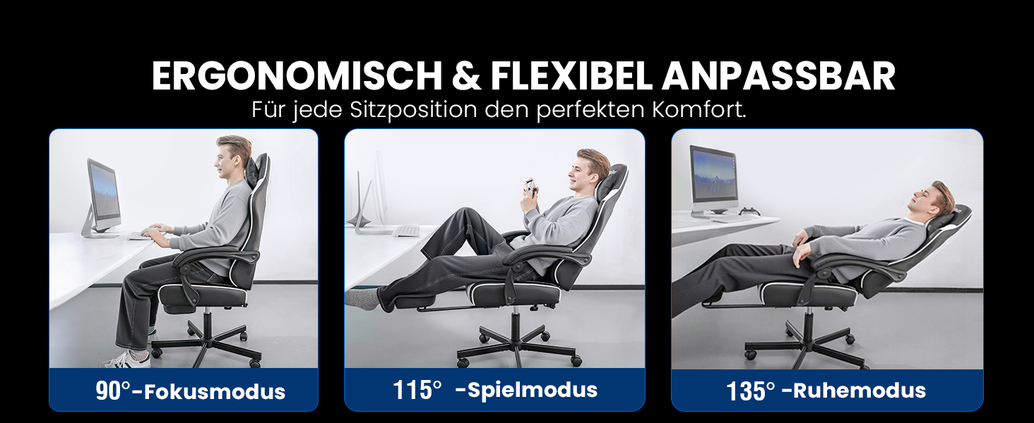 Der Text lautet „ERGONOMISCH & FLEXIBEL ANPASSBAR“. Drei Diagramme zeigen die verstellbaren Liegepositionen eines Stuhls in einem Winkel von 90, 115° und 135°.