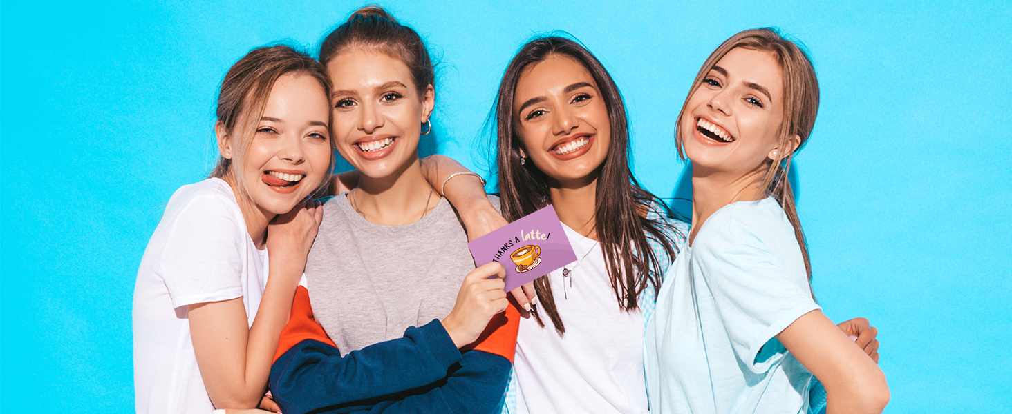 A group of friends laughing and exchanging funny thank you cards adult & funny appreciation cards.