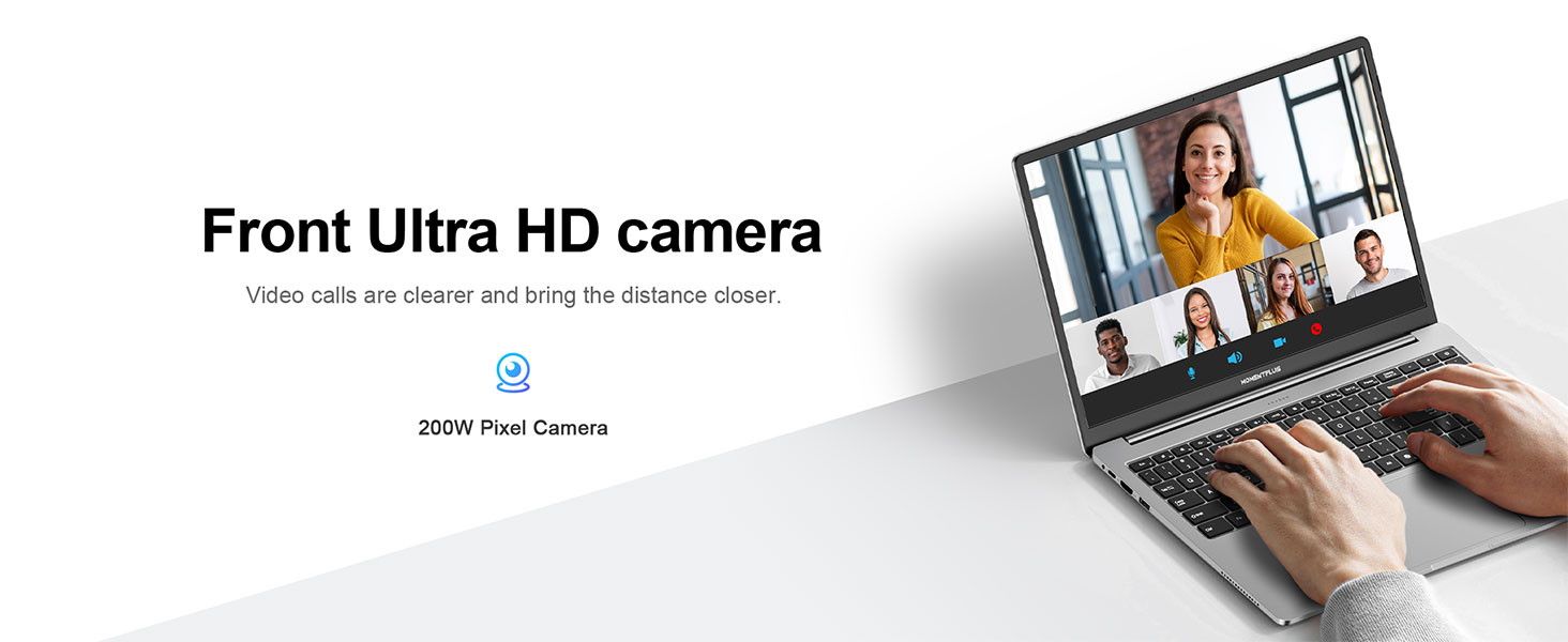 Text: 'Front Ultra HD camera'. Product demonstration showing laptop or device with video calling capability, featuring split view of screen and camera usage.