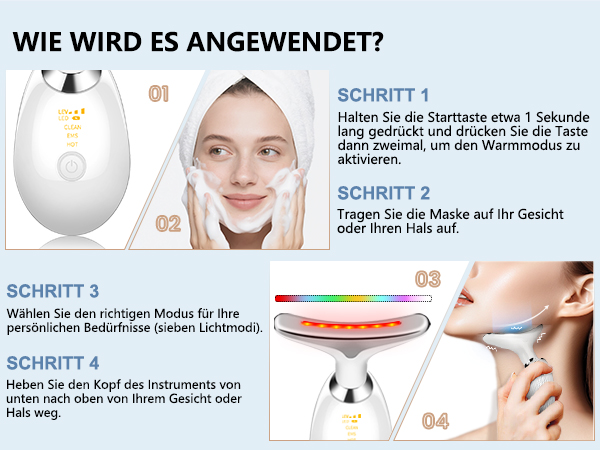 Der Text lautet „WIE WIRD ES ANGEWENDET?“ Die Abbildung der Produktanleitung zeigt vier nummerierte Schritte für die Gesichtsanwendung, mit deutschem Text und illustrativen Bildern.