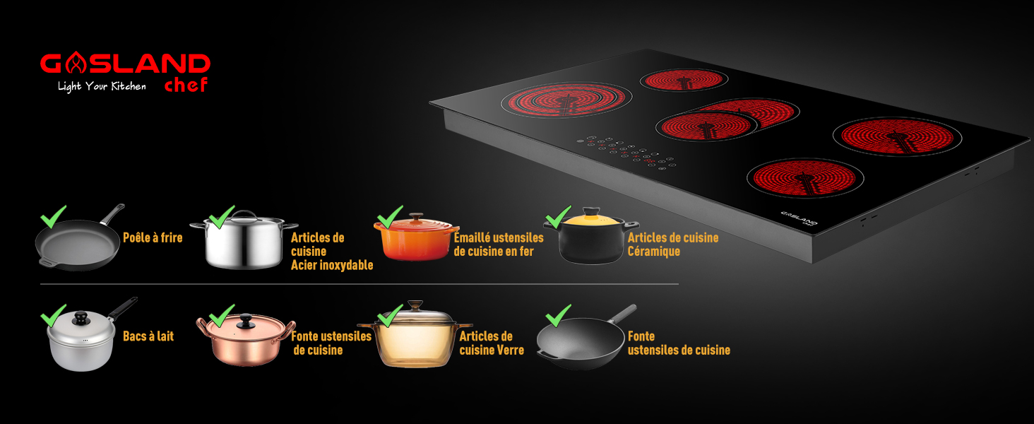 Plaque De Cuisson électrique En Céramique Intégrée 5 Foyers, 8500 W Avec Zone Triple & Ovale 90cm Gasland Chef CH90BF 21 plaque de cuisson en céramique