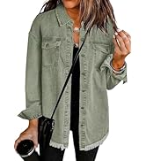Weinexra Denim Jacket for Women Oversized Boyfriend Jean Jacket Button Up Frayed Hem Shacket Dist...