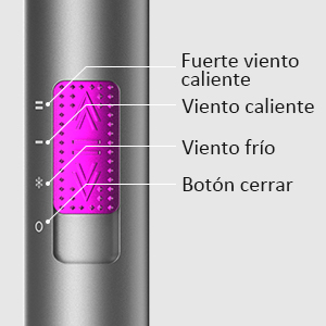 Vista parcial de un dispositivo cilíndrico con una sección iluminada de color púrpura. El texto en español describe la configuración del viento: «Fuerte viento caliente», «Viento caliente», «Viento frío», «Botón cerrar».