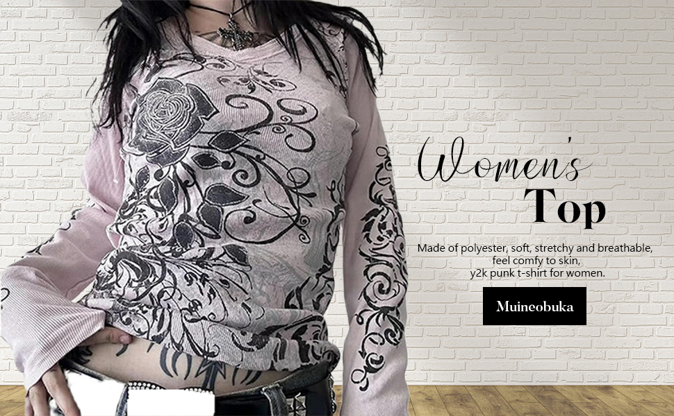 トップス y2k grunge Tattoo Design Long Sleeve Women Y2k Fairy Grunge Shirt Vintage Skull Graphic Print
