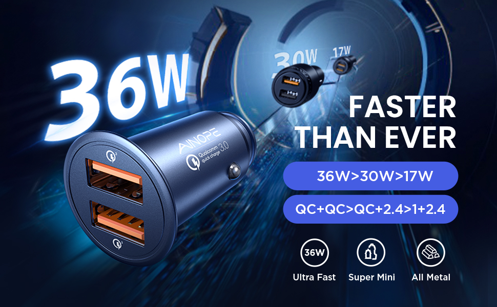 AINOPE 36W/6A USB Car Charger Quick Charge [Dual QC3.0 Port] iPhone Car