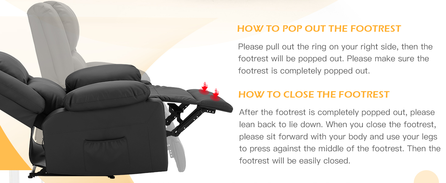 Anleitungsdiagramm für die Bedienung einer Fußstütze an einem Stuhl oder einer Liege. Zeigt Schritte zum Ein- und Ausfahren der Fußrastenmechanik.