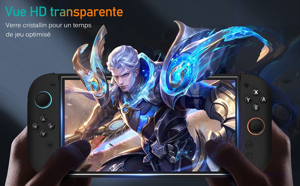 avec grand écran affichant un personnage fantastique dynamique. Manettes noires sur les côtés. Le texte mentionne « Vue HD transparente » et « verre cristallin pour un gameplay optimisé