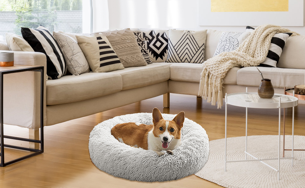 GONICVIN Donut Dog Bed, Fluffy Cat Bed, Calming Pet Bed, Cosy Anti Anxiety Beds with Machine
