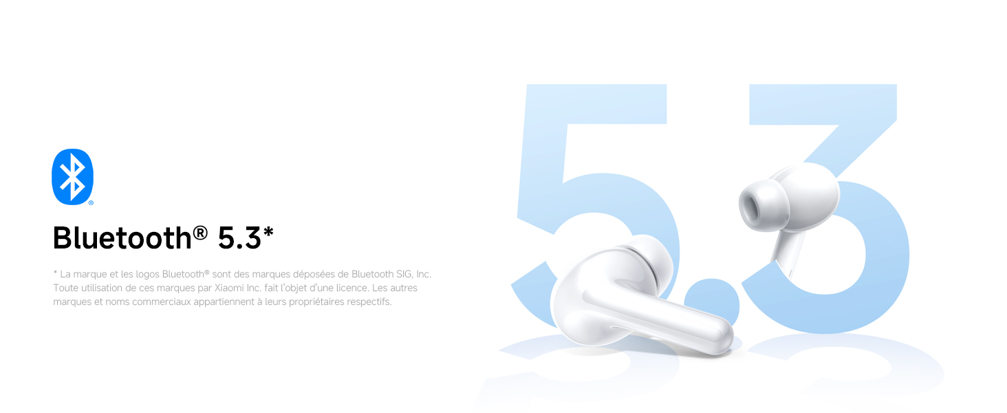 Le texte indique « Bluetooth® 5.3 ». Graphique promotionnel abstrait représentant les chiffres flottants 5 et 3 avec des accents bleu clair et le symbolisme de la connectivité sans fil.