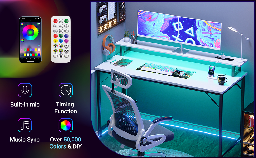 iSunirm 55 inch Computer Desk with Power Outlets, Office Desk Gaming Desk with LED