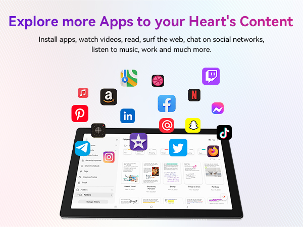 Tablet device display showing various social media and app icons floating above screen, with text promoting app exploration and content consumption capabilities.