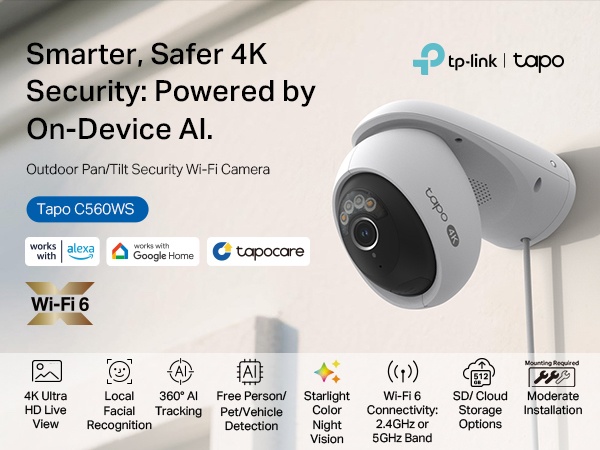 Tapo 4K 8MP Pan/Tilt Outdoor Security Camera, 360° View, No