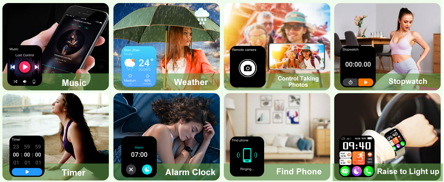 날씨, 타이머, 알람, 음악, 인터페이스 요소가 포함된 전화 찾기 기능 등 다양한 기능을 보여주는 스마트워치 인터페이스의 8개 스크린샷 그리드입니다.