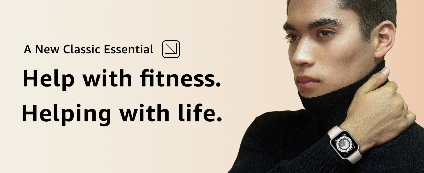 Square digital smartwatch shown on wrist against dark background, with text 'Help with fitness. Helping with life.' promoting fitness tracking features.