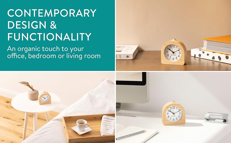 Navaris Wood Analog Alarm Clock HalfRound Battery