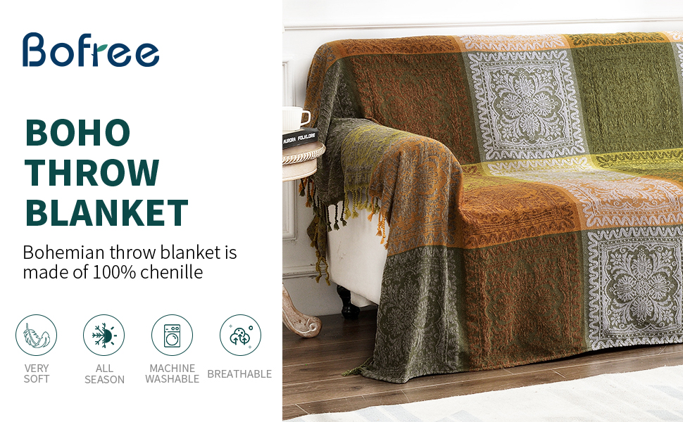 Bofree Boho Sofa Cover, Bohemian Throw Blanket Tassels