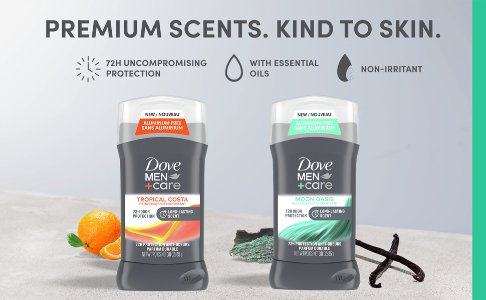 The title reads: PREMIUM SCENTS. KIND TO SKIN. There are three icons: 72H UNCOMPROMISING PROTECTION