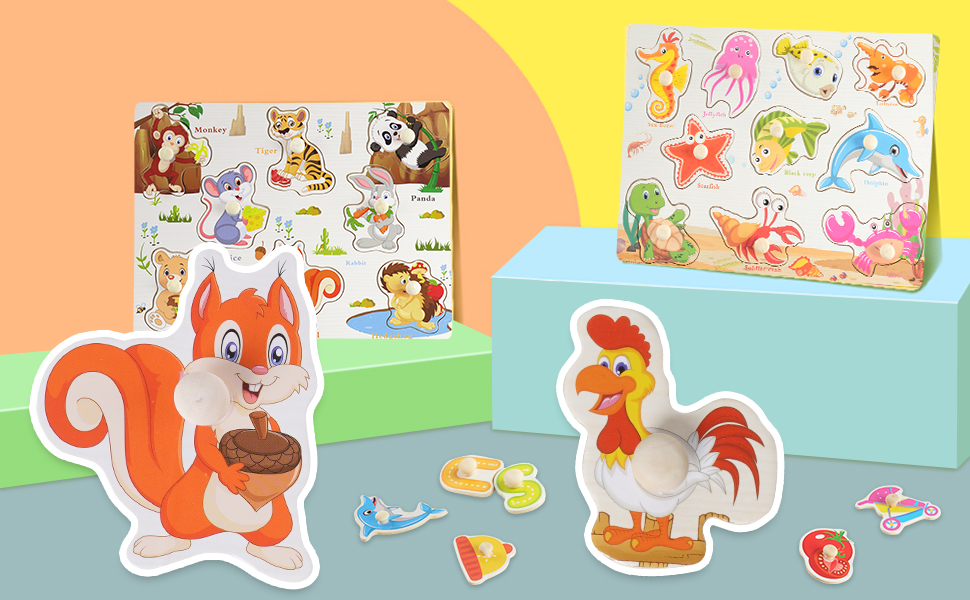 トイズフロッグ Toddler Puzzle Chivao 10 Pack Wooden Peg Puzzles For