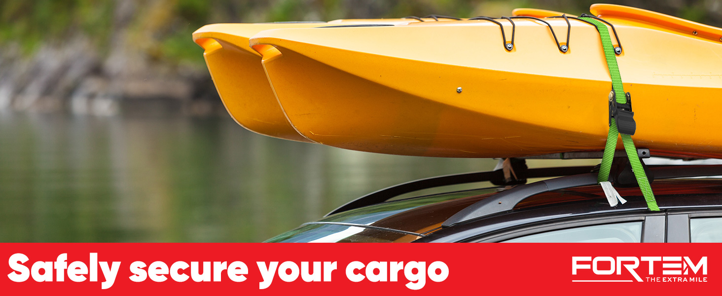 Kayak on top of car held by ratchet straps 1650lb break strength 