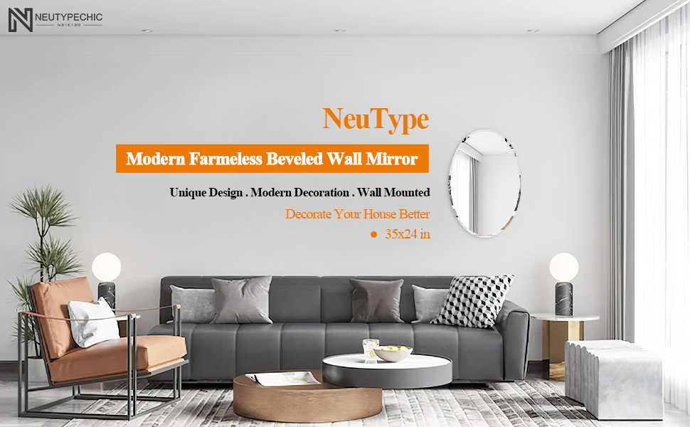NeuType 35"x24" Wall Mirror, Oval Frameless Wall Mounted