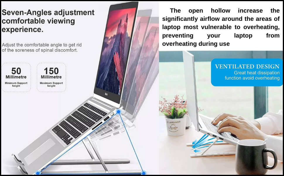 INEFABLE Portable Laptop Aluminium Stand with Adjustable Height, Ventilated, Foldable Stand, 7" Height, for 15.6" Laptop with Carry Pouch for Desk & Table Mount - Pack of 1 (Silver) 46 SPN-BPFSC