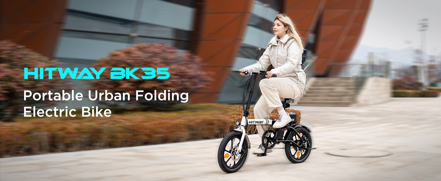 Black and yellow folding electric bike in use outdoors. Compact design with small wheels, visible battery, and folding frame for urban portability.