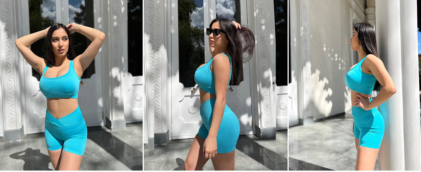 JZC Ribbed Seamless Workout Outfits Crop Tops Cross Waist Shorts Sets