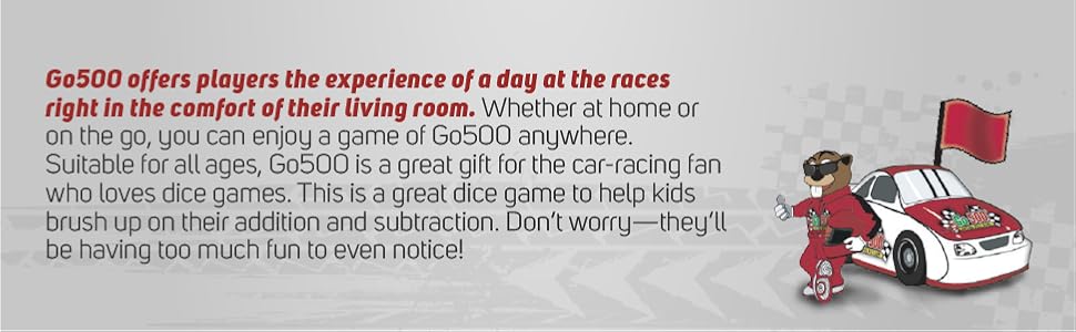 Picture of cartoon animal race-car driver next to race car. “Enjoy a game of Go500 anywhere.”