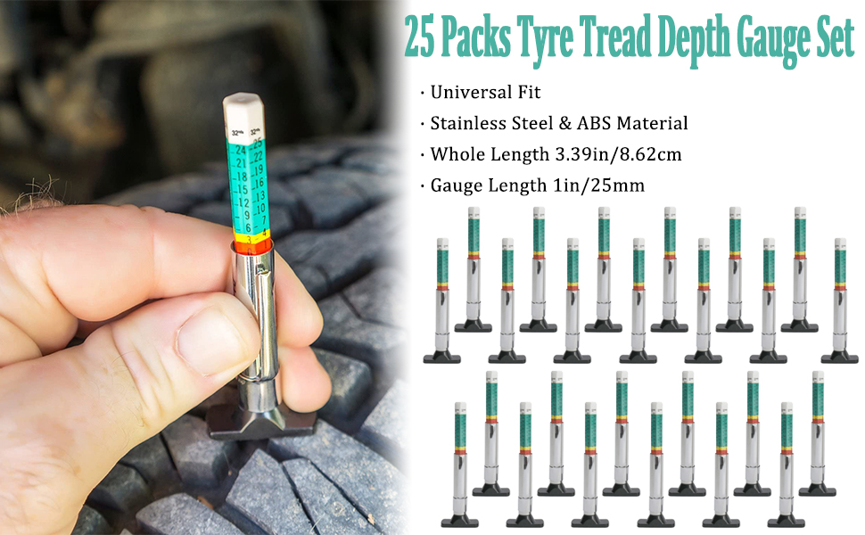 AuInLand 25 Packs Tyre Tread Depth Gauge Color Coded Tire