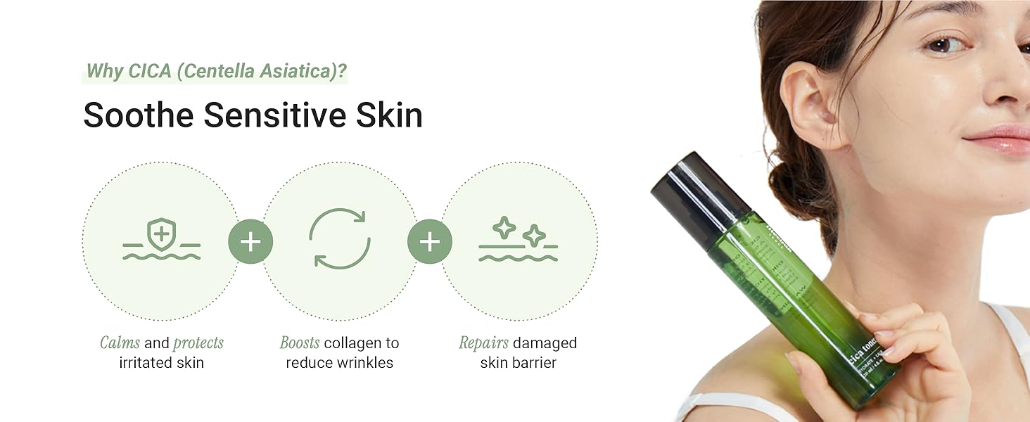 why cica? soothe sensitive skin calms & protects boosts collagen repairs damaged skin