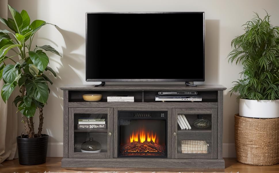 60"W TV Stand with 18" Fireplace Insert for Up to
