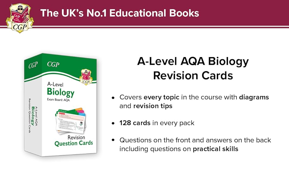 A-Level Biology AQA Revision Question Cards: for the 2025 and 2026 exams (CGP AQA A-Level Biology) 13 Example box of cards next to text explaining the contents