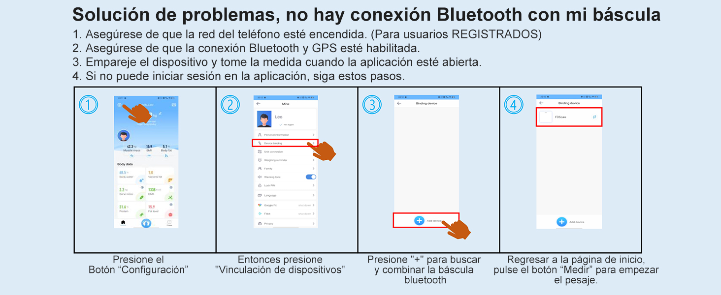Cuatro capturas de pantalla de teléfonos inteligentes que muestran los pasos para solucionar problemas de conexión Bluetooth con una báscula, incluida la comprobación de la configuración y el reinicio