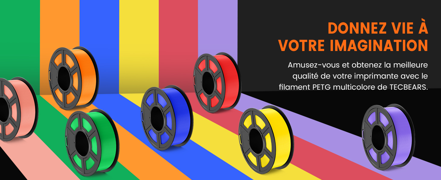 Des bobines colorées de filament d'imprimante 3D affichées sur un fond arc-en-ciel vibrant. Le texte en français mentionne le fait de donner vie à votre imagination.