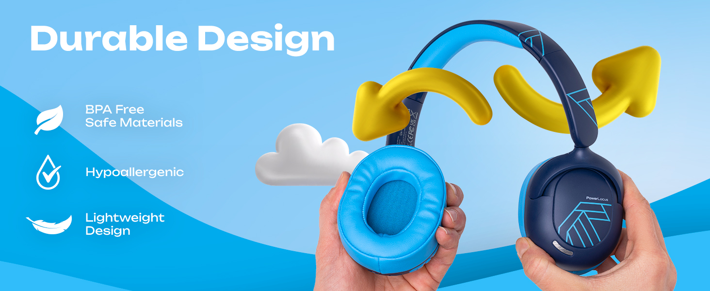 Blue and yellow headphones with cloud-shaped ear cushions. Features include BPA-free materials, hypoallergenic properties, and lightweight design, as indicated by icons and text.