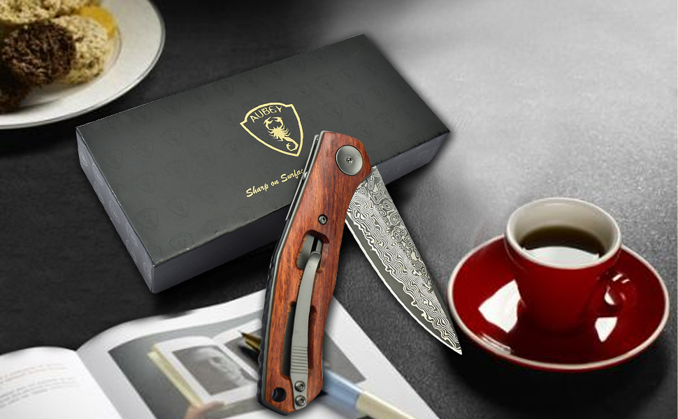 AUBEY Damascus Folding Pocket Knife Handmade with Clip for