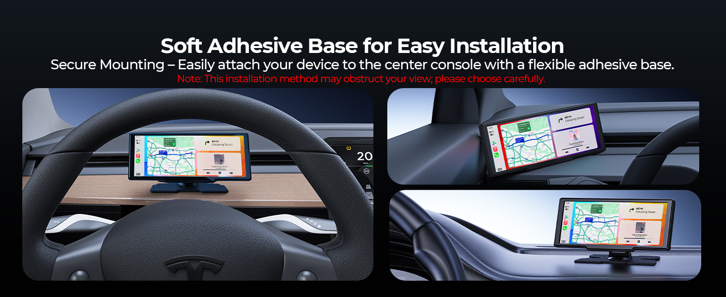 Car dashboard mount for electronic devices, showing flexible adhesive base and multiple positioning options for navigation screens.