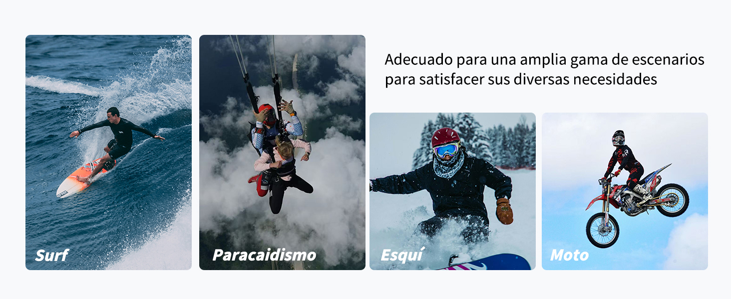 de cuatro imágenes deportivas: surfear sobre una ola, lanzarse en paracaídas a través de las nubes, esquiar en la nieve y andar en bicicleta de motocross. El texto en español describe la versatilidad