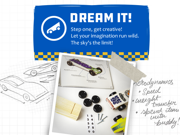 Yellow wood racing car, a pinewood derby kit, sketch drawing of car in the background