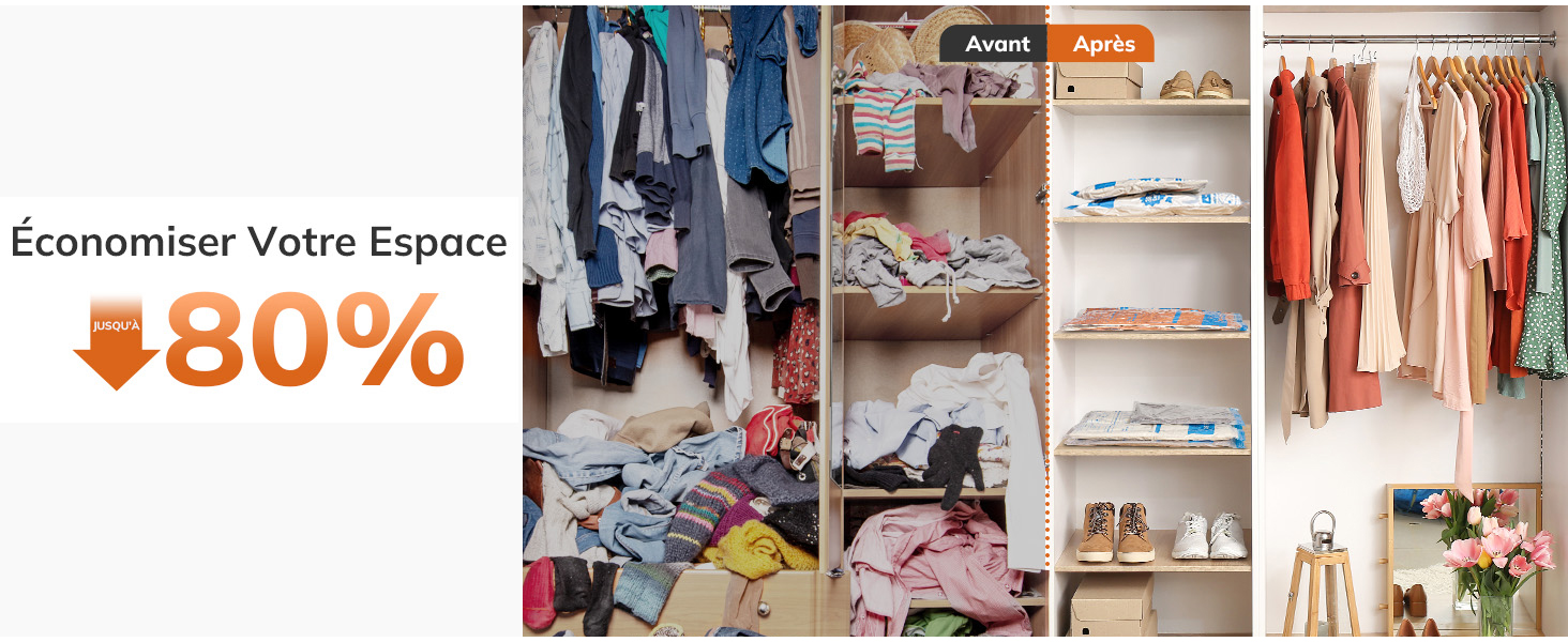 Comparaison de l'organisation des placards avant et après, montrant des vêtements encombrés par rapport à une armoire bien rangée avec un texte permettant d'économiser de l'espace de « 80 % »