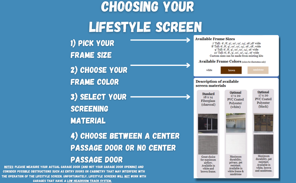 1. Pick frame size 2. Pick frame color 3. Pick screening material 4. choose door or no door. 