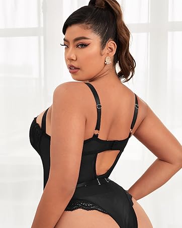 Women's Plus Size Ring Linked Cut Out Sheer Mesh Teddy Bodysuit Garter Lingerie Set