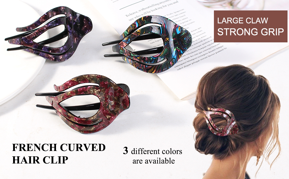 Mistofu 3 Pcs Womens French Curved Hair Clip No Slip Strong Grip