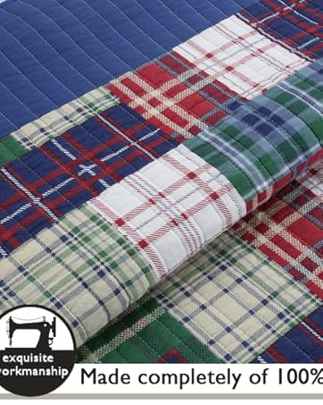 Nate Patchwork Navy/Blue/Green/Red Plaid Cotton Quilt Bedding Set