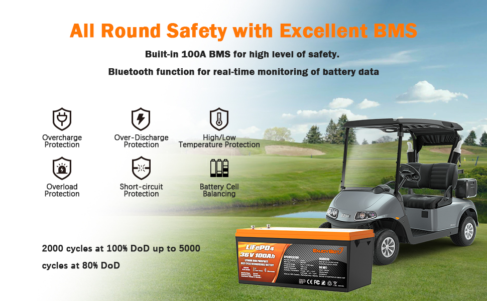 Enjoybot 36V 100Ah LiFePO4 Lithium Golf Cart Battery