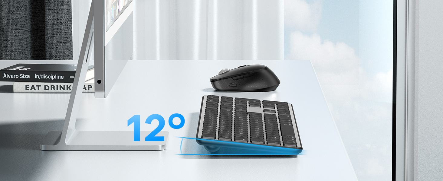 Computer mouse positioned on a raised cooling pad or platform marked with '12°', suggesting ventilation or ergonomic features.