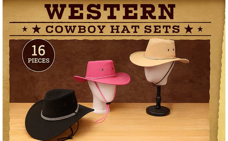 Il testo recita «WESTERN» e «COWBOY HAT SETS» con «16 PEZZI». Esposizione di cappelli da cowboy marroni e rosa mostrati su supporti neri per cappelli.
