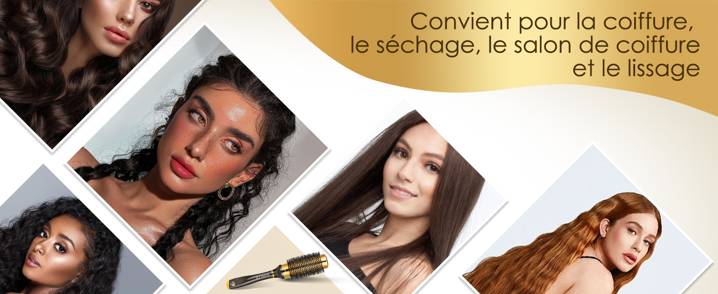 Collage de coiffures pour femmes avec des cheveux bouclés, ondulés et raides. Outil de coiffure aux accents dorés visible. Le texte français indique qu'il convient à la coiffure, au séchage et au lissage