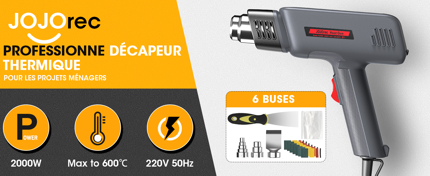 avec contrôle de température jusqu'à 600 °C, puissance 2000 W, 220 V 50 Hz. Comprend 6 buses et accessoires pour divers projets.