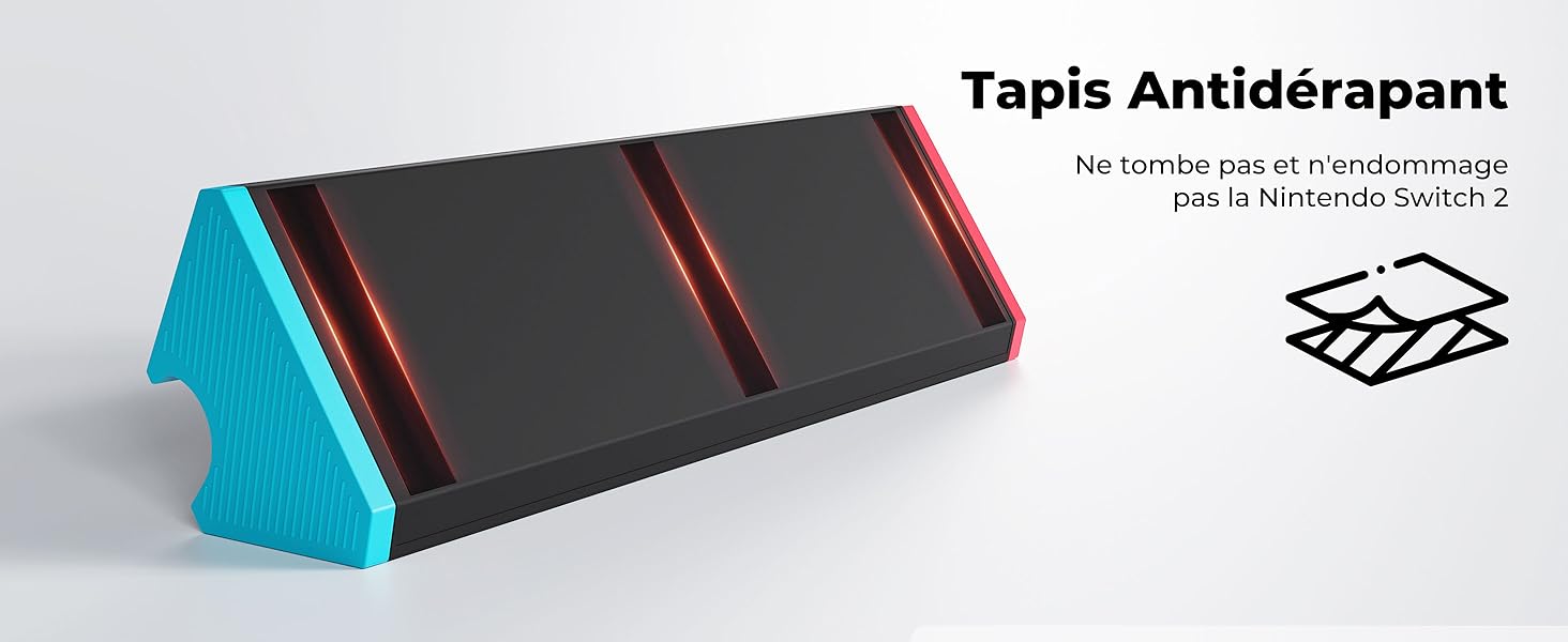 en bleu sarcelle, noir et rouge. Produit étiqueté « Tapis antidérapant » avec une icône indiquant qu'il doit être utilisé sous les meubles